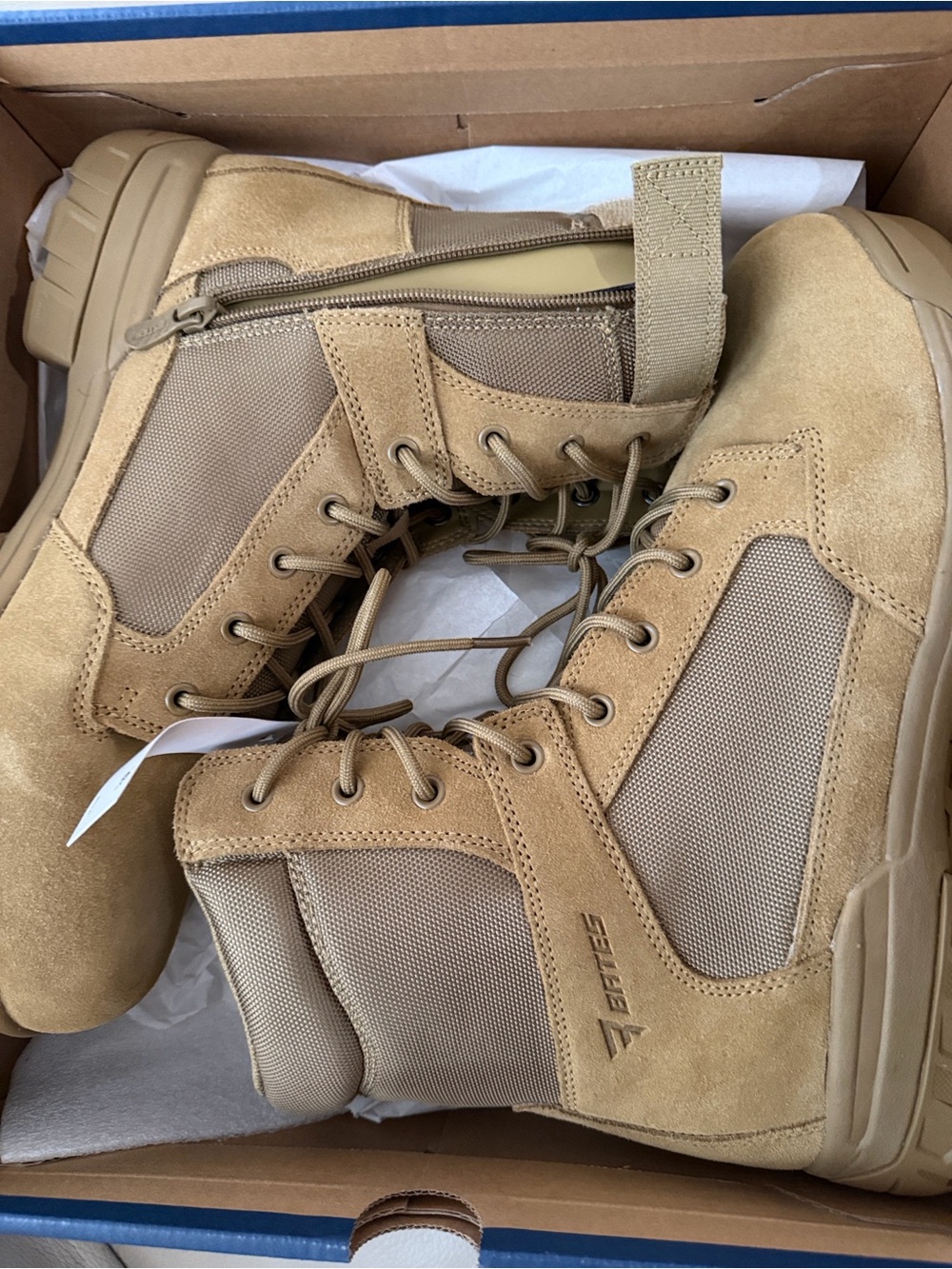 Bates Tan Suede and Nylon Tactical Boot Detail